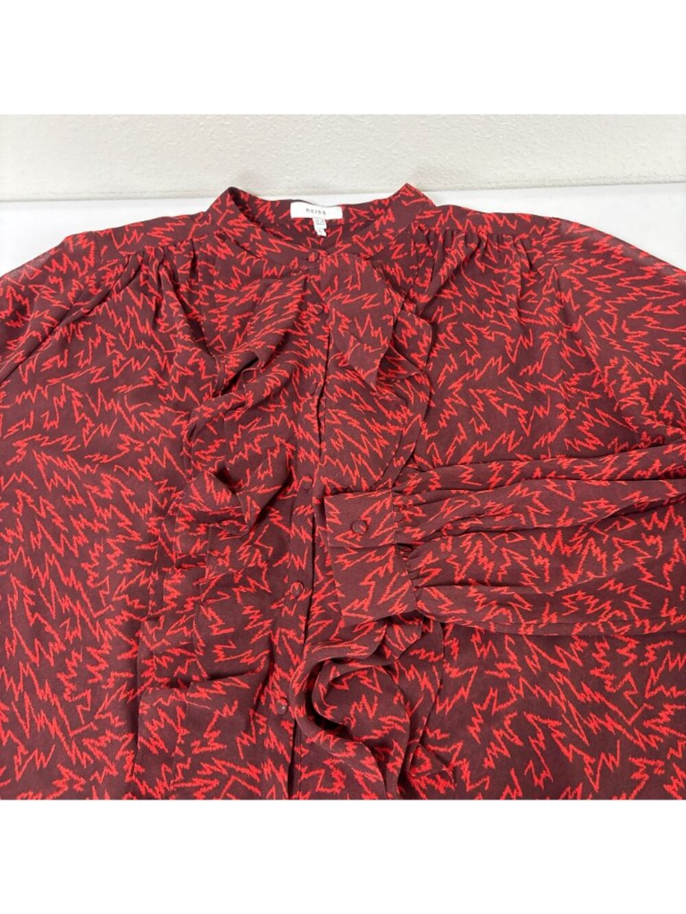 Reiss Pippa Ruffled Zig Zag Printed Blouse Womens 12 Red Semi-Sheer Top - Picture 12 of 12